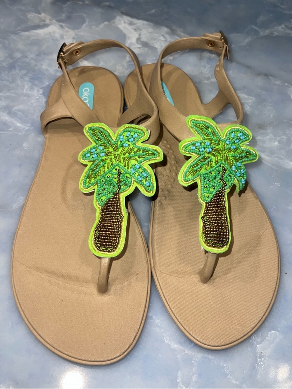 NWOT — Oka-B Sandals with Beaded Palm Tree Green Detail – Size 7